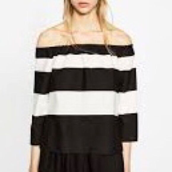 ZARA Strapless Striped Cropped Off Shoulder Blouse Black White XS - Picture 5 of 11